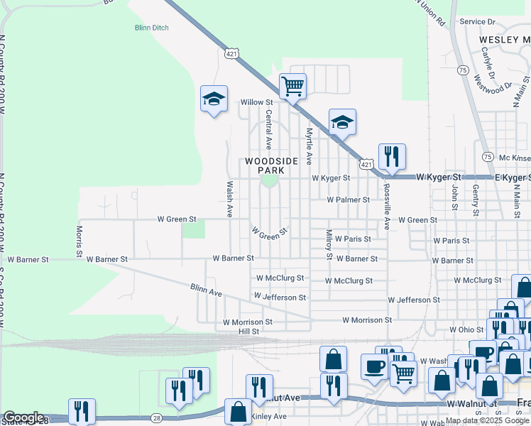 map of restaurants, bars, coffee shops, grocery stores, and more near 906 Central Avenue in Frankfort