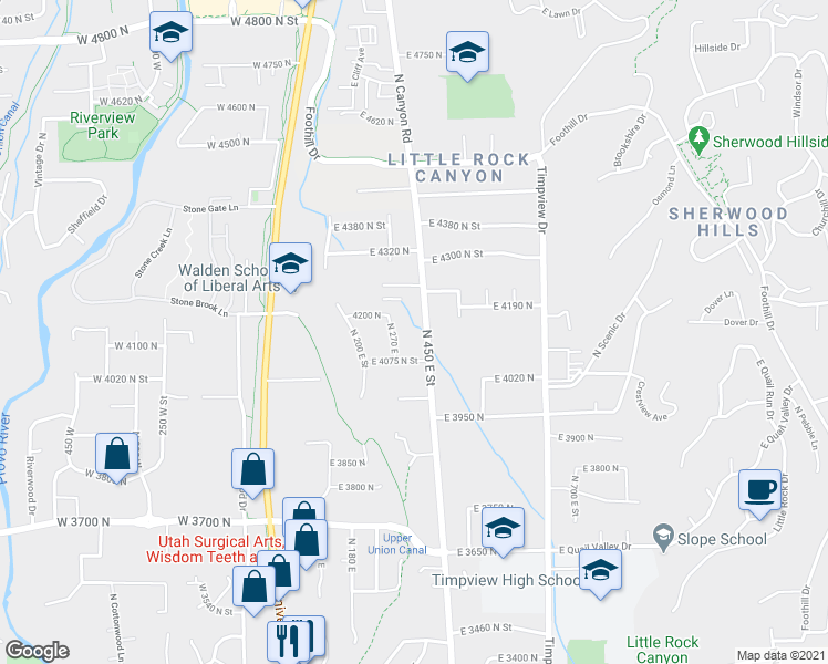 map of restaurants, bars, coffee shops, grocery stores, and more near 4125 North Canyon Road in Provo