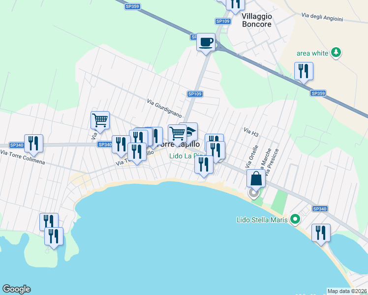 map of restaurants, bars, coffee shops, grocery stores, and more near 27 Via G. de Dominicis in Torre Lapillo