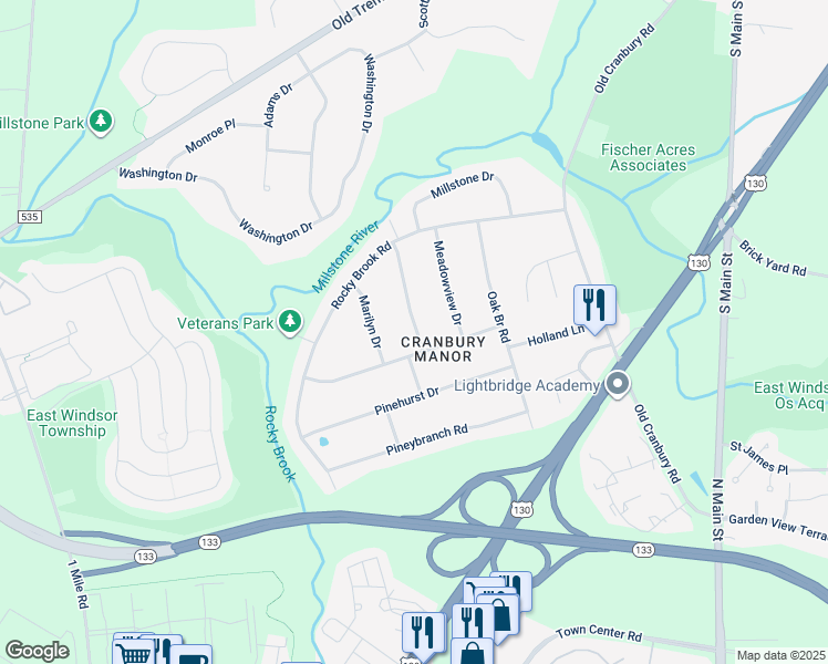 map of restaurants, bars, coffee shops, grocery stores, and more near in East Windsor