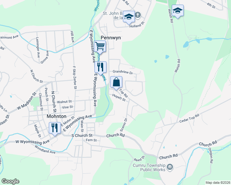 map of restaurants, bars, coffee shops, grocery stores, and more near 140 Broad Street in Mohnton