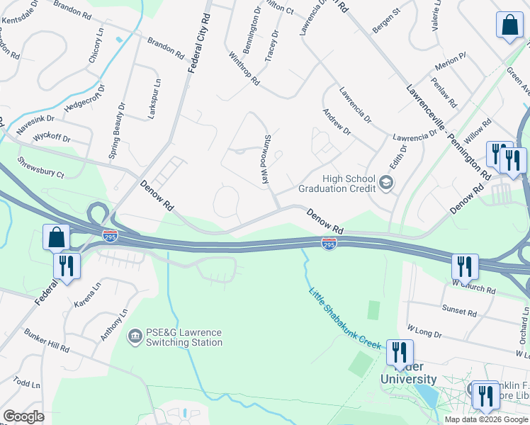 map of restaurants, bars, coffee shops, grocery stores, and more near 104 Denow Road in Lawrence Township