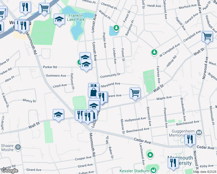 map of restaurants, bars, coffee shops, grocery stores, and more near 16 Maryland Avenue in West Long Branch