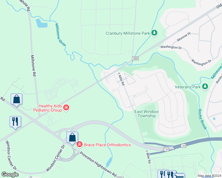 map of restaurants, bars, coffee shops, grocery stores, and more near 2131 Old Stone Mill Drive in East Windsor