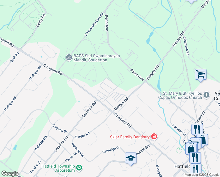 map of restaurants, bars, coffee shops, grocery stores, and more near 6 Mansion Avenue in Hatfield