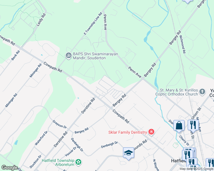 map of restaurants, bars, coffee shops, grocery stores, and more near 8 Mansion Avenue in Hatfield