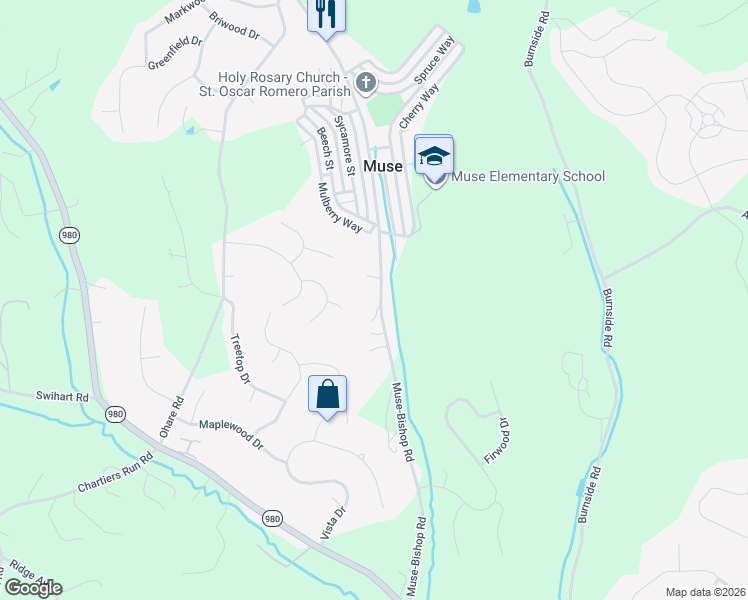 map of restaurants, bars, coffee shops, grocery stores, and more near 139 Muse-Bishop Road in Canonsburg