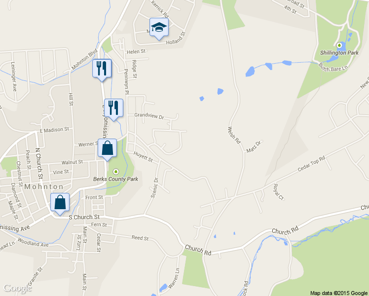 map of restaurants, bars, coffee shops, grocery stores, and more near 415 Calyn Dr in Reading