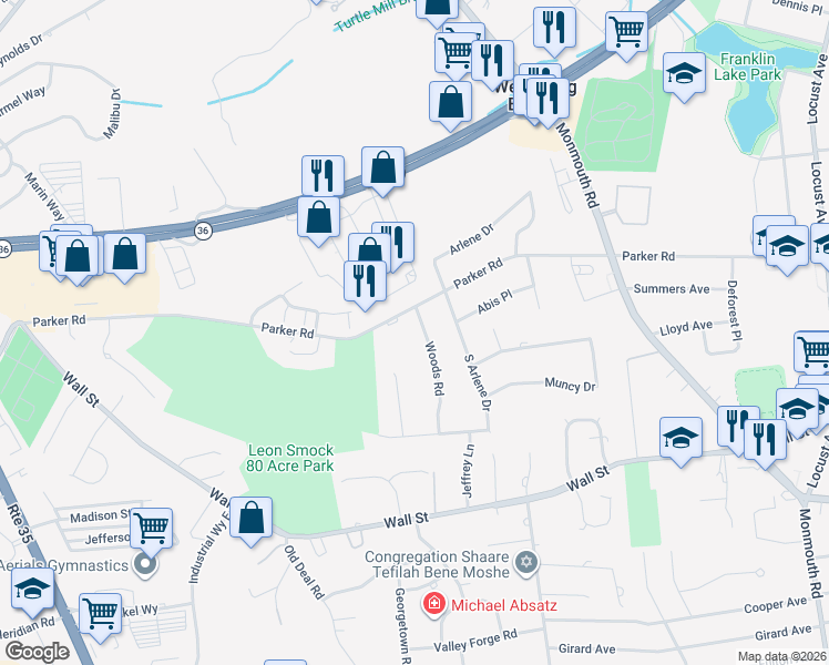 map of restaurants, bars, coffee shops, grocery stores, and more near 3 Woods Road in West Long Branch