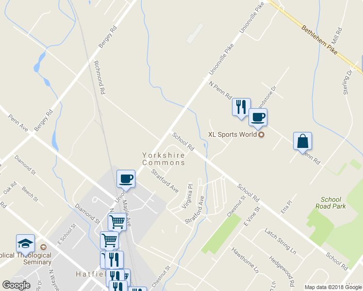 map of restaurants, bars, coffee shops, grocery stores, and more near 2392 Cambridge Circle in Hatfield