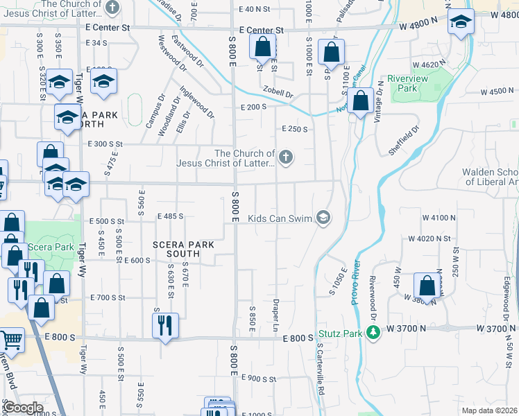 map of restaurants, bars, coffee shops, grocery stores, and more near 465 South 850 East in Orem