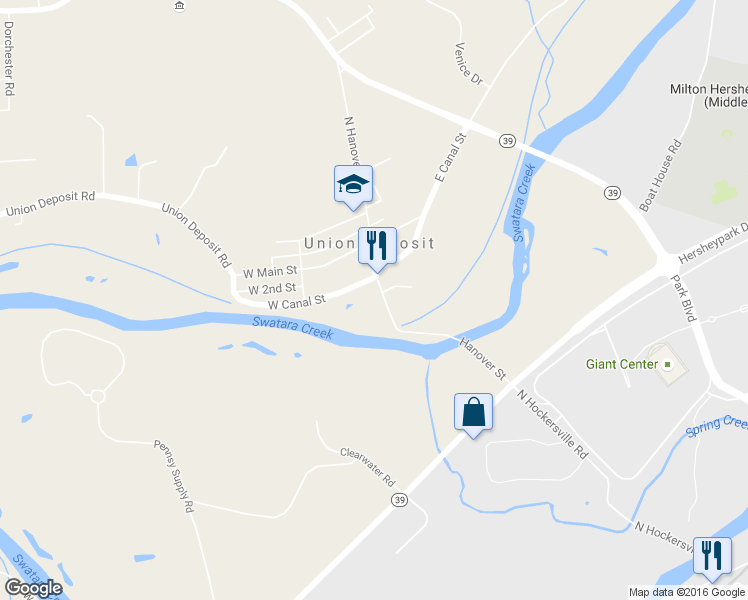 map of restaurants, bars, coffee shops, grocery stores, and more near 120 South Hanover Street in Hershey