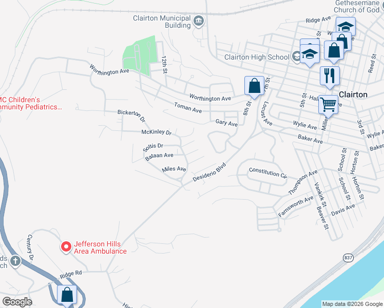 map of restaurants, bars, coffee shops, grocery stores, and more near 1403 Madison Avenue in Clairton