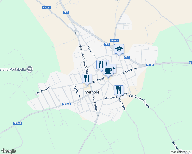 map of restaurants, bars, coffee shops, grocery stores, and more near 45 Via S.Nicola in Vernole