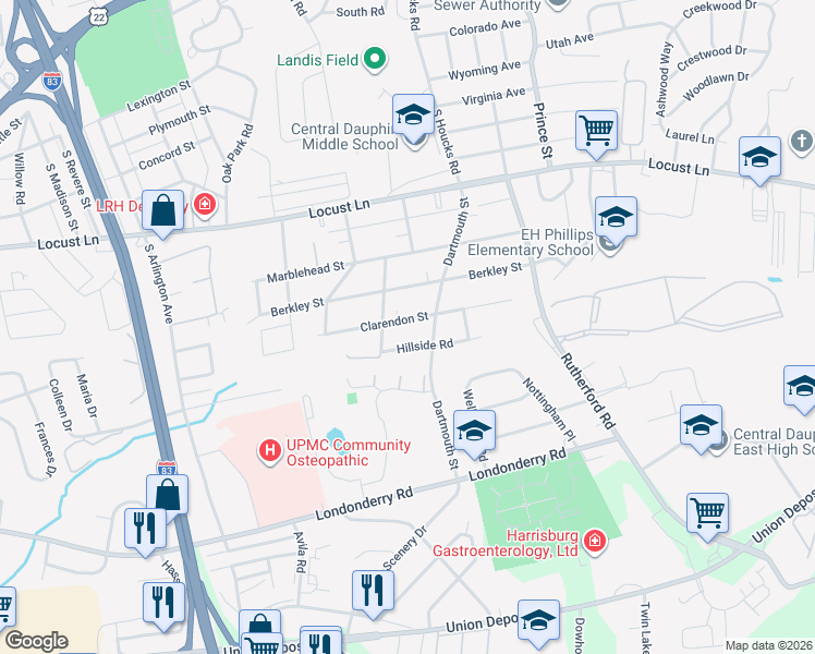 map of restaurants, bars, coffee shops, grocery stores, and more near 4601 Clarendon Street in Harrisburg