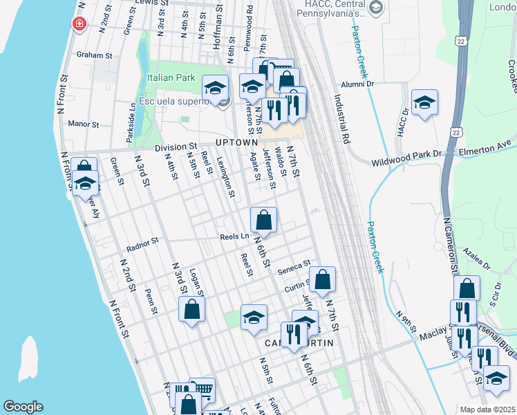 map of restaurants, bars, coffee shops, grocery stores, and more near 2552 Jefferson Street in Harrisburg
