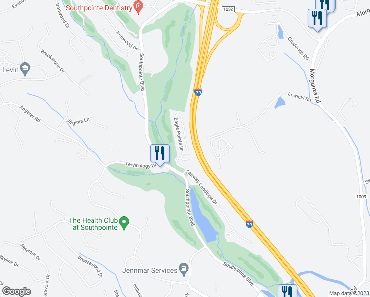 map of restaurants, bars, coffee shops, grocery stores, and more near 1512 Eagle Pointe Drive in Canonsburg
