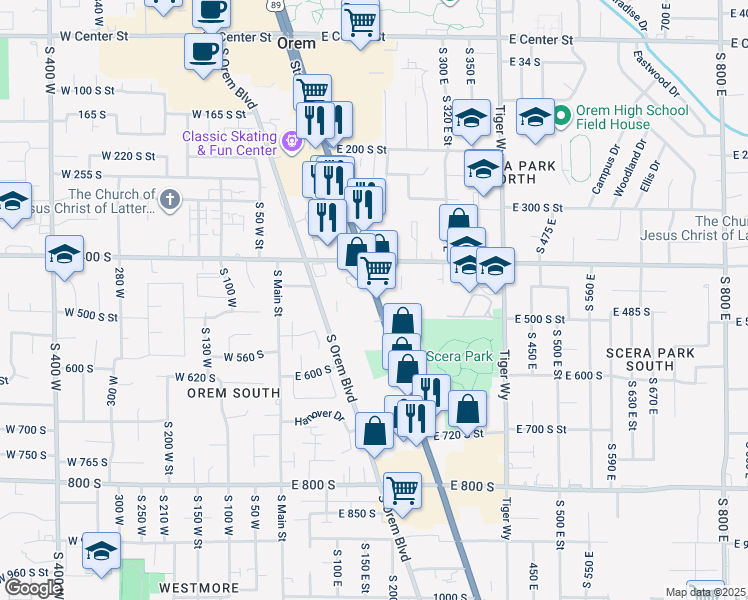 map of restaurants, bars, coffee shops, grocery stores, and more near 498 State Street in Orem
