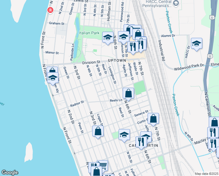 map of restaurants, bars, coffee shops, grocery stores, and more near 2616 Reel Street in Harrisburg