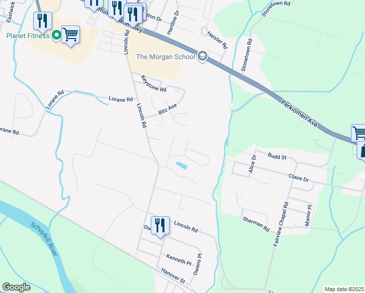 map of restaurants, bars, coffee shops, grocery stores, and more near 528 Canvasback Court in Birdsboro