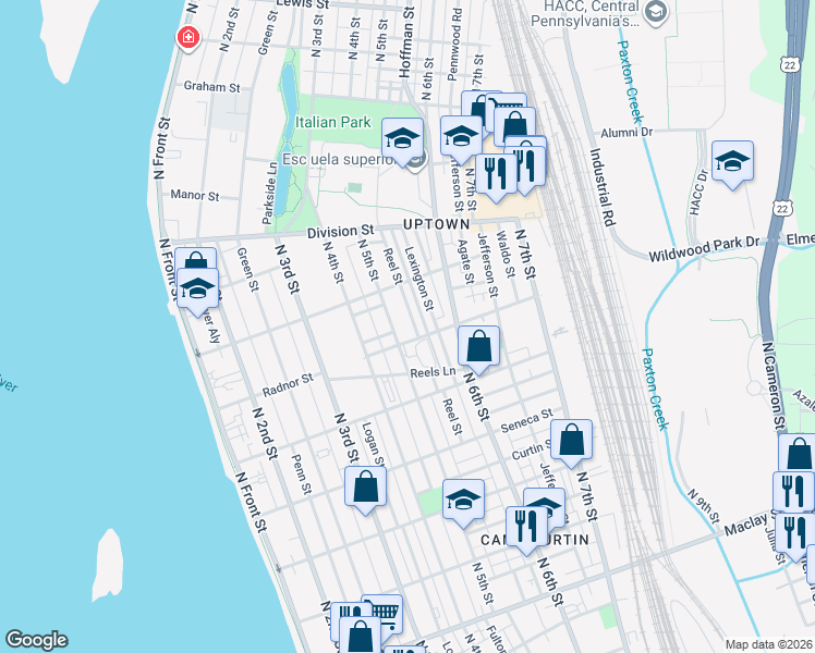 map of restaurants, bars, coffee shops, grocery stores, and more near 2616 Reel Street in Harrisburg