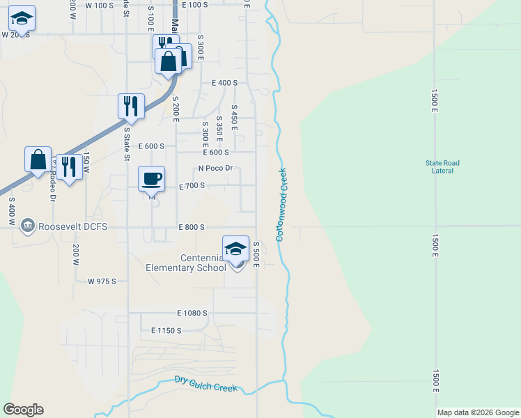 map of restaurants, bars, coffee shops, grocery stores, and more near 745 South 500 East in Roosevelt