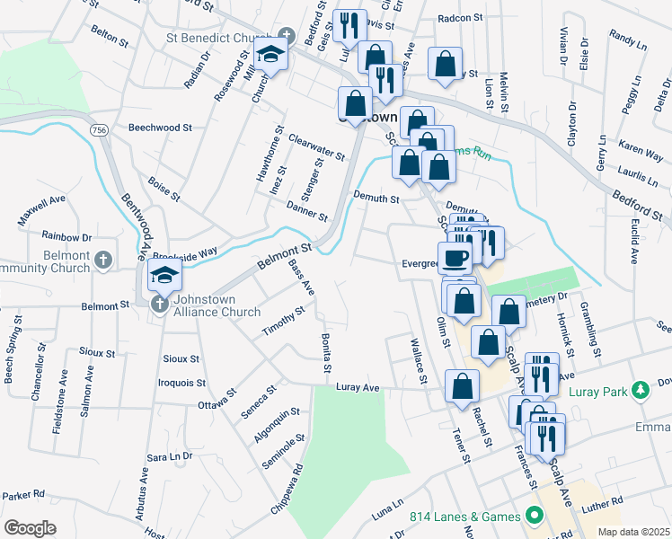 map of restaurants, bars, coffee shops, grocery stores, and more near 59 Merchant Avenue in Johnstown