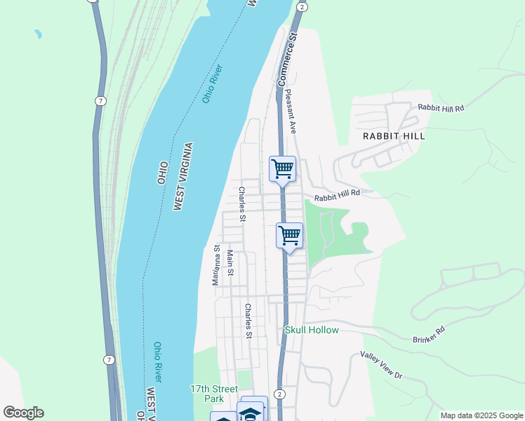 map of restaurants, bars, coffee shops, grocery stores, and more near 76 26th Street in Wellsburg