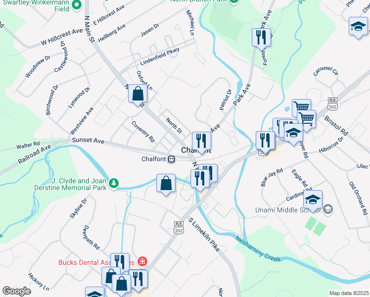 map of restaurants, bars, coffee shops, grocery stores, and more near 130 North Main Street in Chalfont