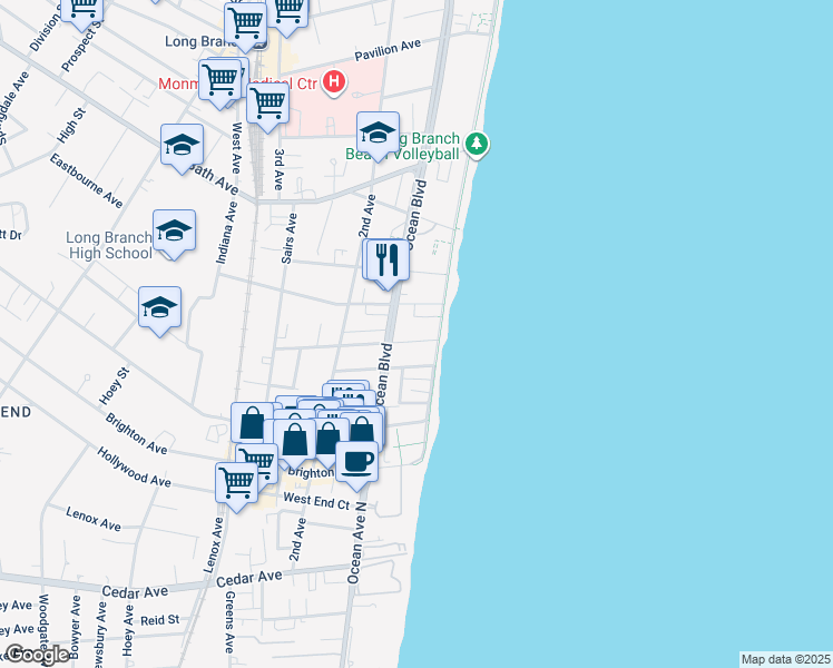 map of restaurants, bars, coffee shops, grocery stores, and more near 480 Ocean Avenue North in Long Branch