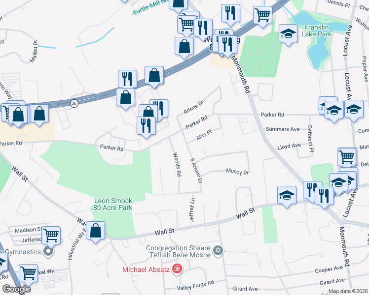 map of restaurants, bars, coffee shops, grocery stores, and more near 5 South Arlene Drive in West Long Branch