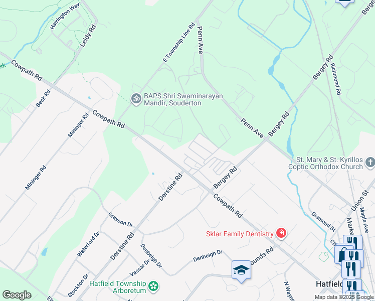 map of restaurants, bars, coffee shops, grocery stores, and more near 20 Holiday Avenue in Hatfield