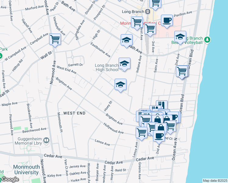 map of restaurants, bars, coffee shops, grocery stores, and more near 27 Woolley Avenue in Long Branch