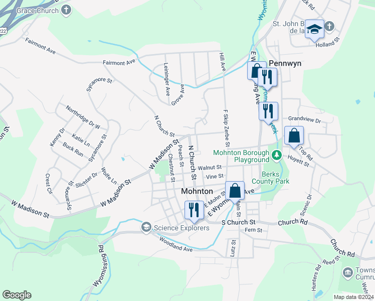 map of restaurants, bars, coffee shops, grocery stores, and more near 236 North Church Street in Mohnton