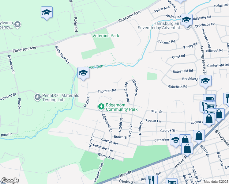 map of restaurants, bars, coffee shops, grocery stores, and more near 2345 Thornton Rd in Harrisburg