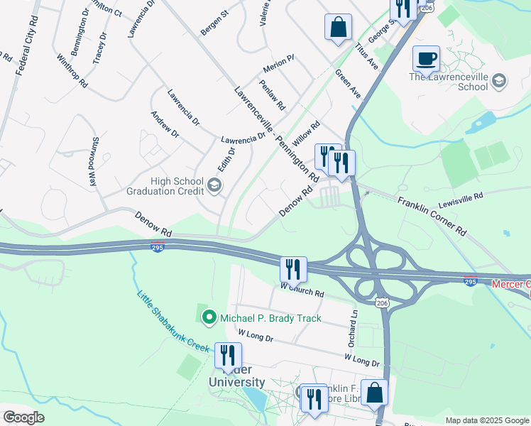 map of restaurants, bars, coffee shops, grocery stores, and more near 3 Charles Way in Lawrence Township