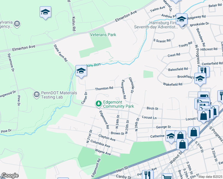 map of restaurants, bars, coffee shops, grocery stores, and more near 2345 Thornton Rd in Harrisburg