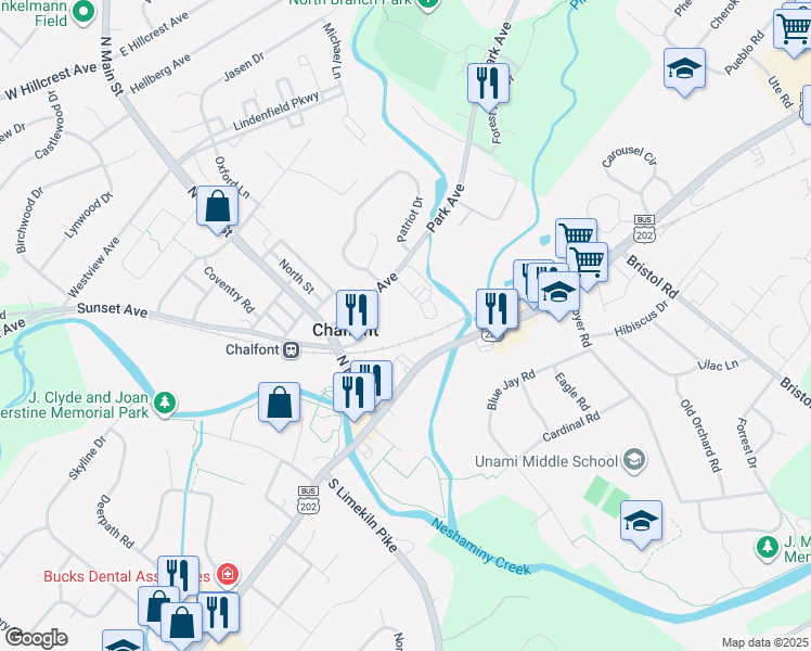 map of restaurants, bars, coffee shops, grocery stores, and more near 26 Park Avenue in Chalfont