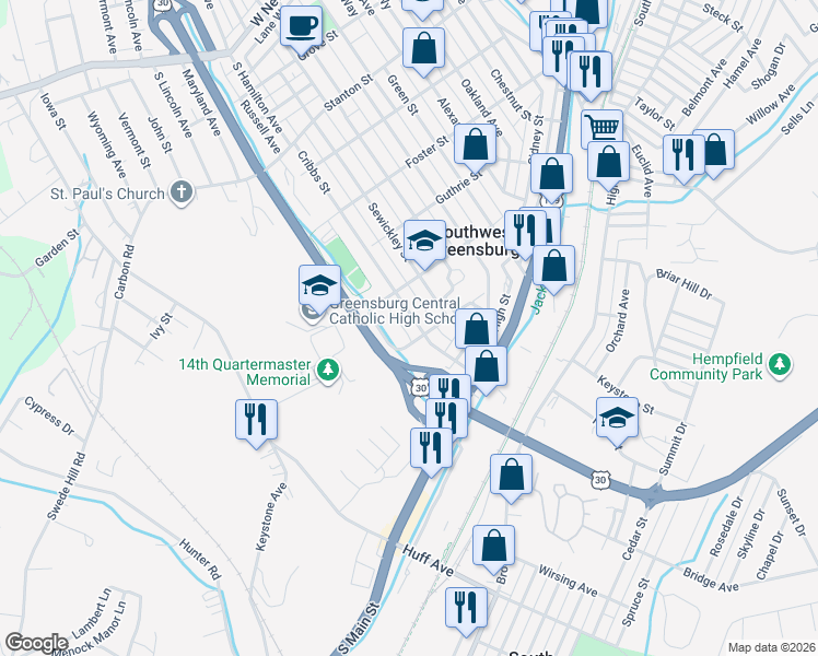 map of restaurants, bars, coffee shops, grocery stores, and more near 830 Cribbs Street in Greensburg