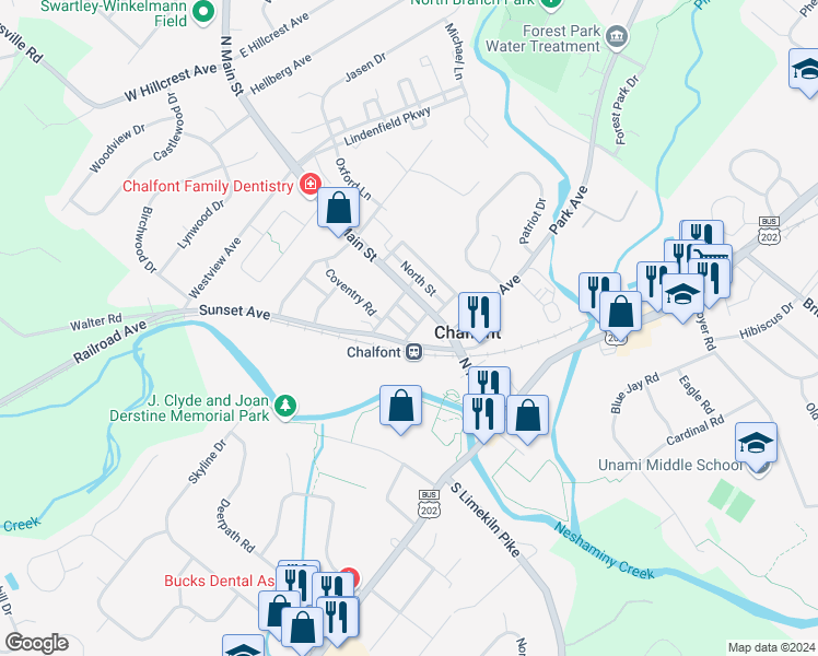 map of restaurants, bars, coffee shops, grocery stores, and more near 25 Maple Avenue in Chalfont