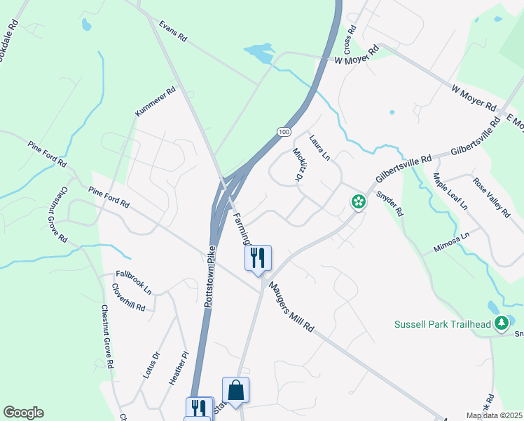 map of restaurants, bars, coffee shops, grocery stores, and more near 1475 Laura Lane in Pottstown