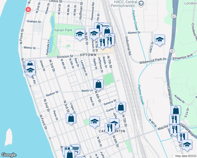 map of restaurants, bars, coffee shops, grocery stores, and more near 627 Radnor Street in Harrisburg