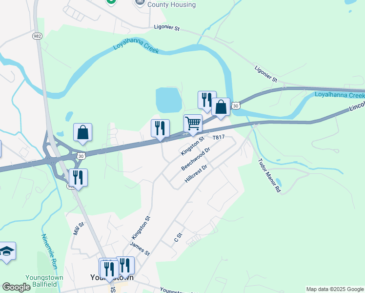 map of restaurants, bars, coffee shops, grocery stores, and more near 111 Edgewater Village in Latrobe