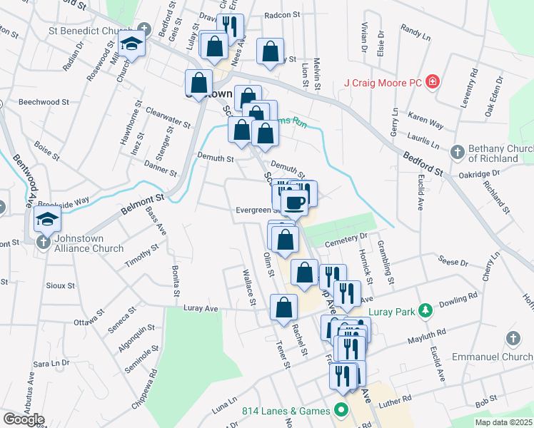 map of restaurants, bars, coffee shops, grocery stores, and more near 640 Evergreen Street in Johnstown