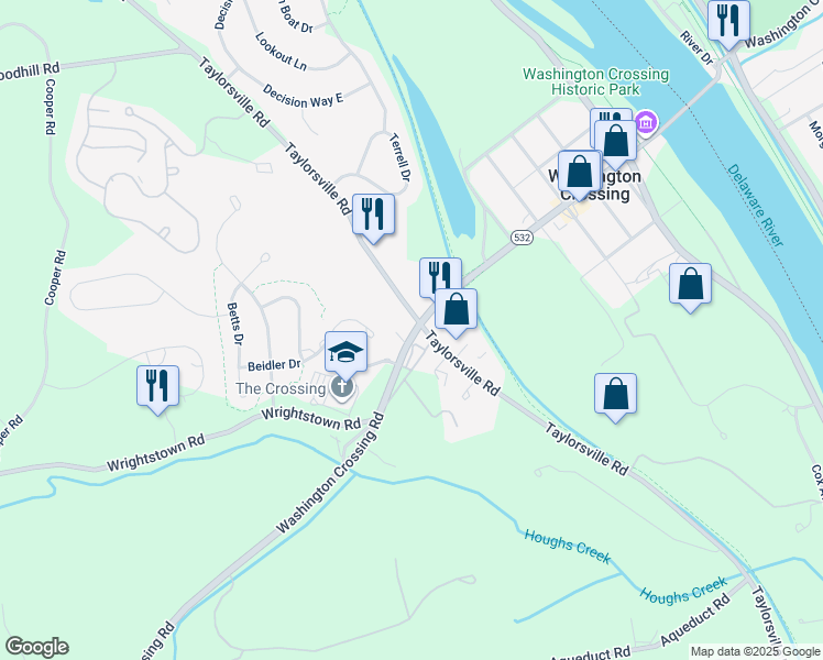 map of restaurants, bars, coffee shops, grocery stores, and more near 1093 Washington Crossing Road in Washington Crossing