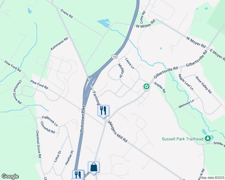 map of restaurants, bars, coffee shops, grocery stores, and more near 1535 Laura Lane in Pottstown