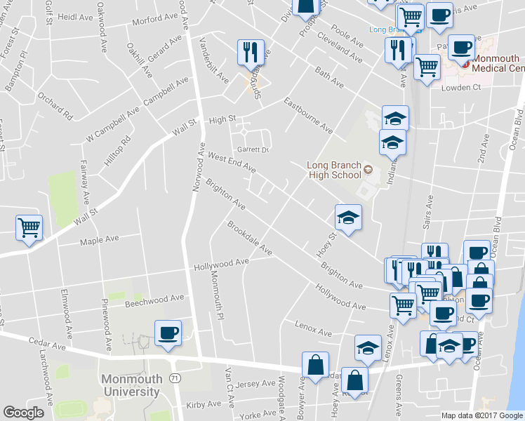 map of restaurants, bars, coffee shops, grocery stores, and more near 383 Brighton Avenue in Long Branch