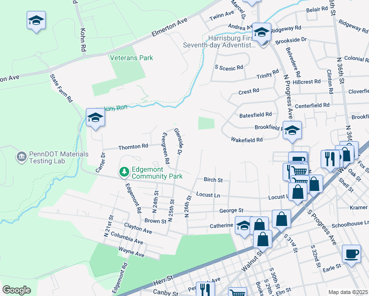 map of restaurants, bars, coffee shops, grocery stores, and more near 1721 Glenside Drive in Harrisburg