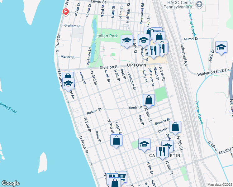 map of restaurants, bars, coffee shops, grocery stores, and more near 2635 North 4th Street in Harrisburg