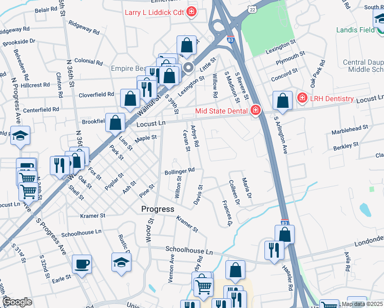 map of restaurants, bars, coffee shops, grocery stores, and more near 136 Levan Street in Harrisburg